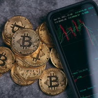 暴落チャートと暗号通貨ビットコインのスマートフォン表示の写真