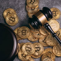 散らばったビットコインと木製のガベル（小槌）の写真