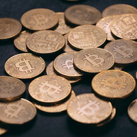 暗闇に浮かび上がるビットコインと硬貨の金融の写真