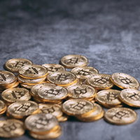 グレーの背景に輝く散らばったビットコインコインの写真