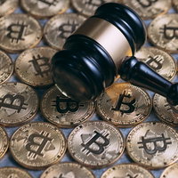 ビットコインと判決を象徴する小槌の対比の写真