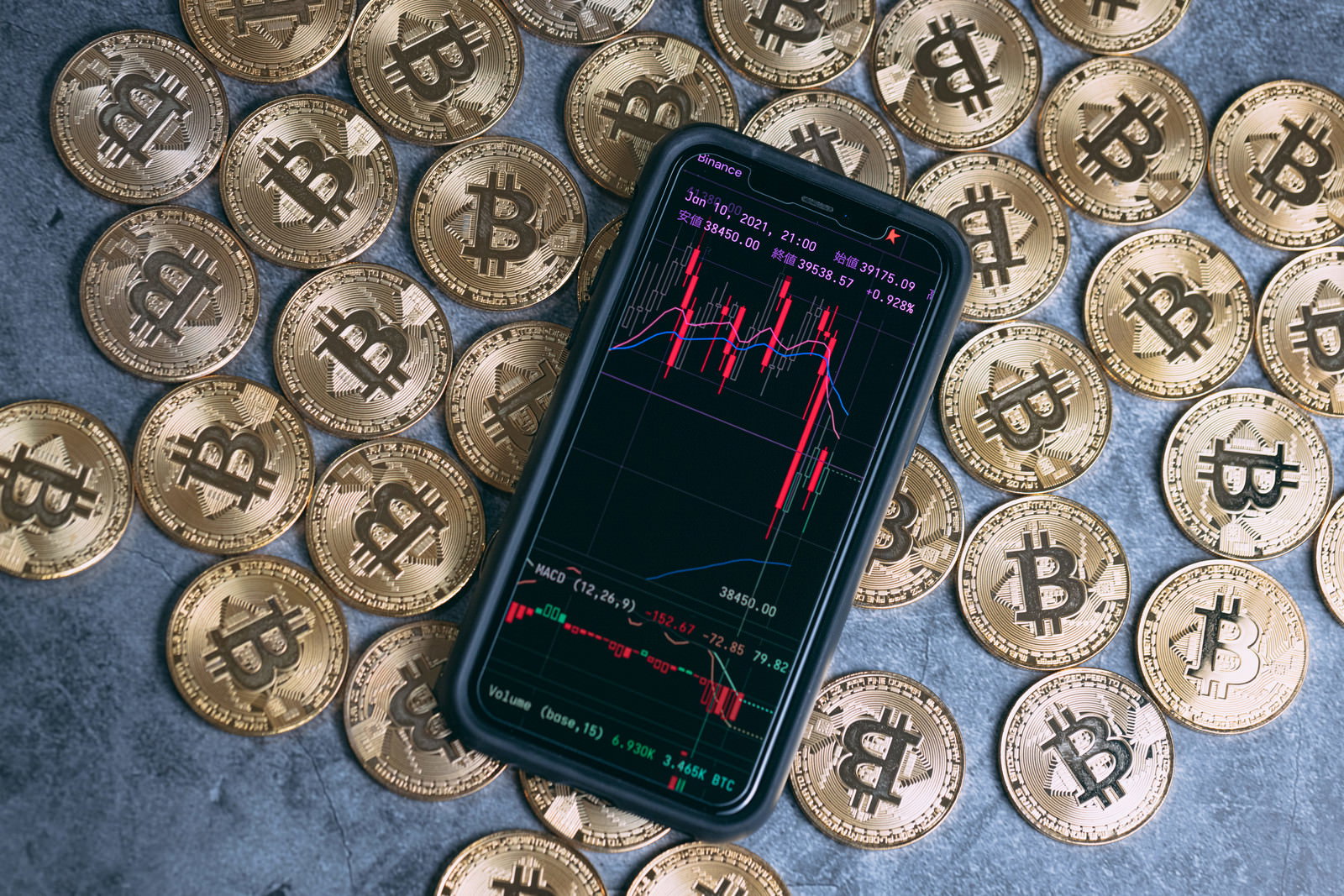 ビットコイン金貨に囲まれたスマートフォンに暴落チャートが表示されている様子