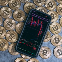 ビットコイン金貨とスマートフォンに表示された大暴落チャートの写真