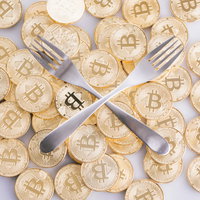 フォークとビットコインコイン、ハードフォークを表現した仮想通貨の構成の写真