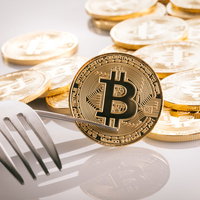 ビットコインのハードフォーク問題を表現した金貨とフォークの写真