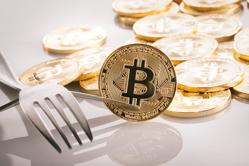 ビットコインのハードフォーク問題を表現した金貨とフォーク