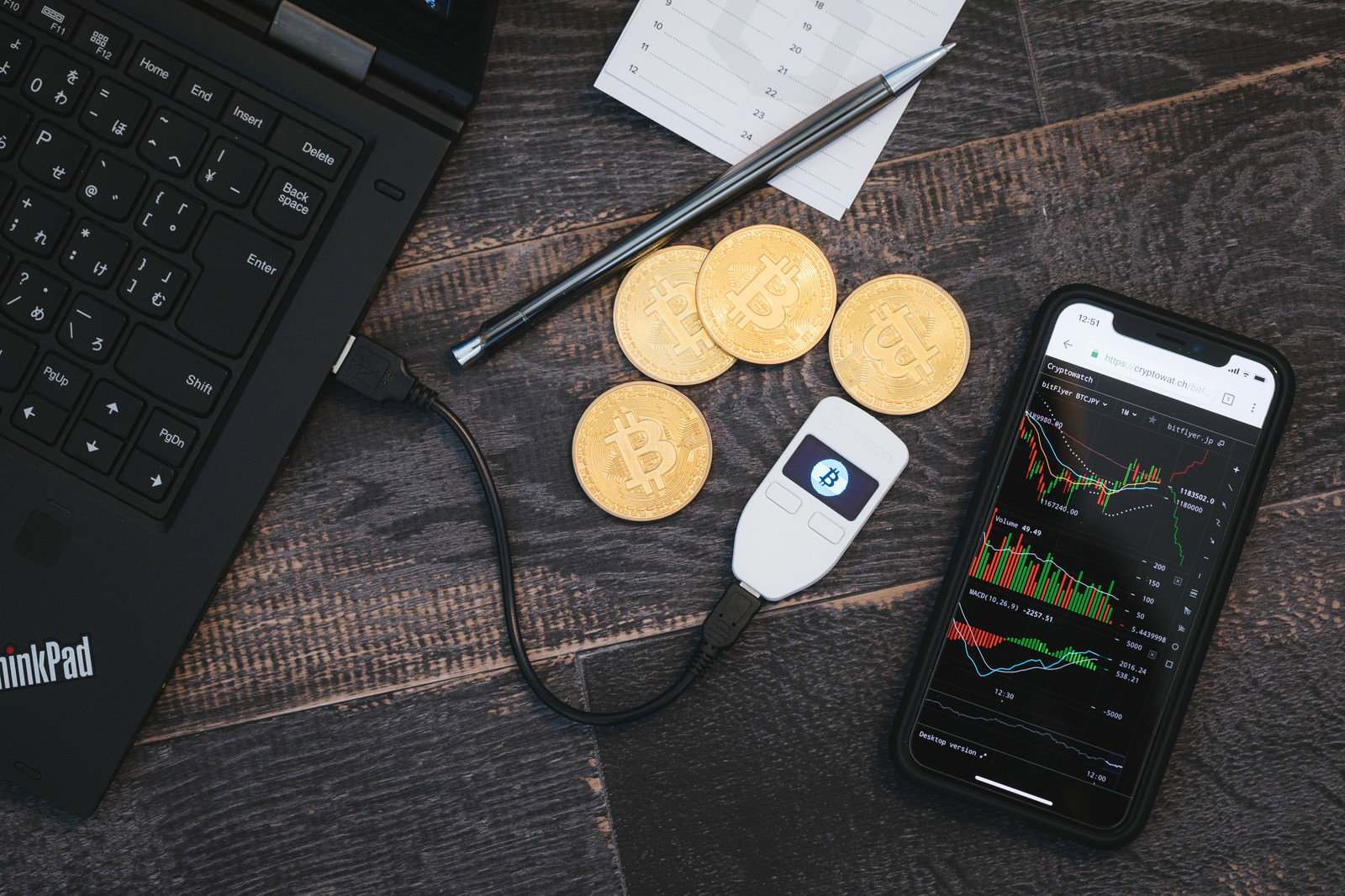 ハードウェアウォレットとスマートフォンが並んで置かれ、金色のビットコインが配置されている様子