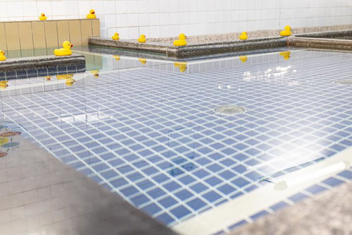 銭湯の浴槽に並ぶアヒル