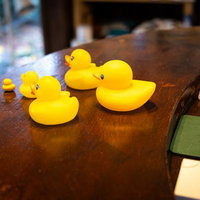 カウンターに並ぶアヒルの置物の写真