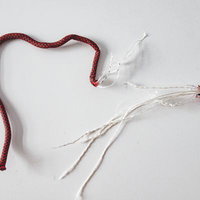 破断したパラコードの白い内芯露出、ほつれた繊維の写真