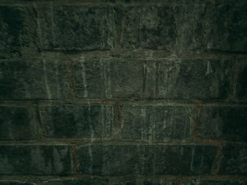経年劣化による汚れとシミが残る石レンガの壁