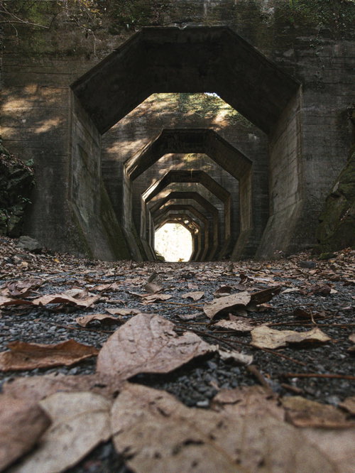 落ち葉が積もる熊本の八角トンネル｜熊延鉄道の歴史ある石造りアーチ