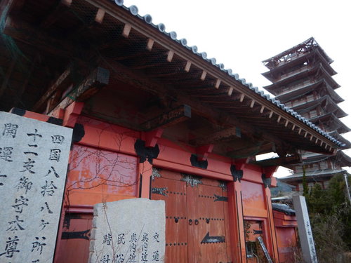 世界平和大観音像前の赤い門と十重の塔の廃墟風景