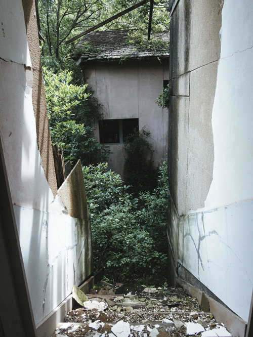 白い壁が大きく剥がれて危険な老朽化した階段を降る