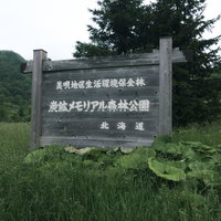 旧三菱美唄炭鉱跡地の炭鉱メモリアル森林公園と書かれた木製看板の写真