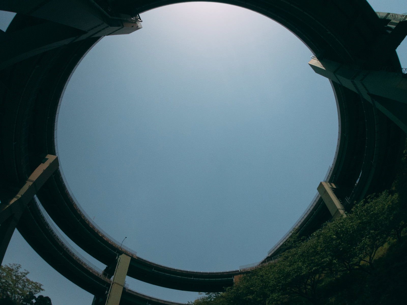 青空の下、緑の山間に架かる河津七滝ループ橋の円形道路