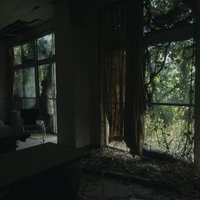 廃墟の窓にかかるボロボロのカーテンと朽ちた室内の写真