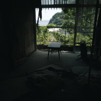 廃屋の薄暗い窓辺に置かれた古びた机と緑の窓景の写真