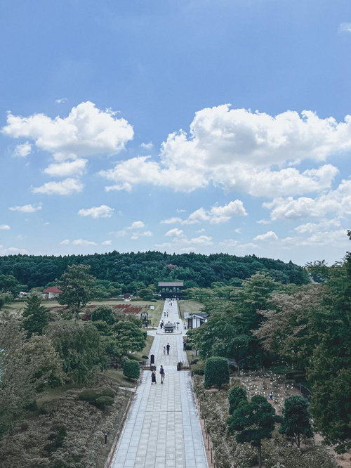 石畳が続く緑豊かな山間の荘厳な参道