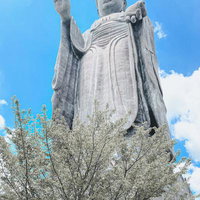 青空を背景に立つ牛久大仏と樹木の写真