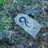 石に彫られた龍（ドラゴン）の紋章と苔むした石板の写真