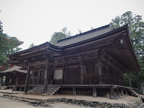 高野山の古木が立ち並ぶ境内のお堂と木造建築