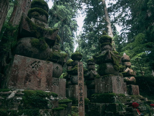 高野山金剛峯寺の松平家墓所前の杉林と苔むした石造物