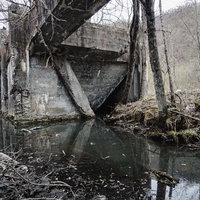 汚れた水溜りに映る廃工場と苔むした荒れ地の写真