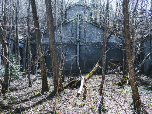 冬の木々に囲まれた古い廃工場の風化したコンクリート建物