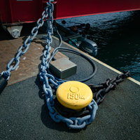 港に設置された黄色いボラードと太いチェーンの写真