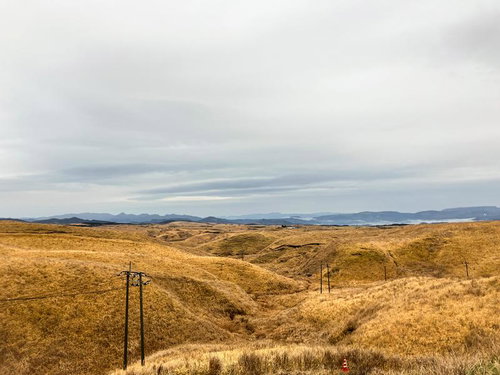 曇天の大観峰と枯れ草の丘陵の写真