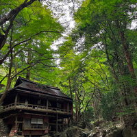 山奥の渓谷に佇む廃墟の休憩所 - 朽ちた木造建築と自然が織りなす歴史遺構の写真