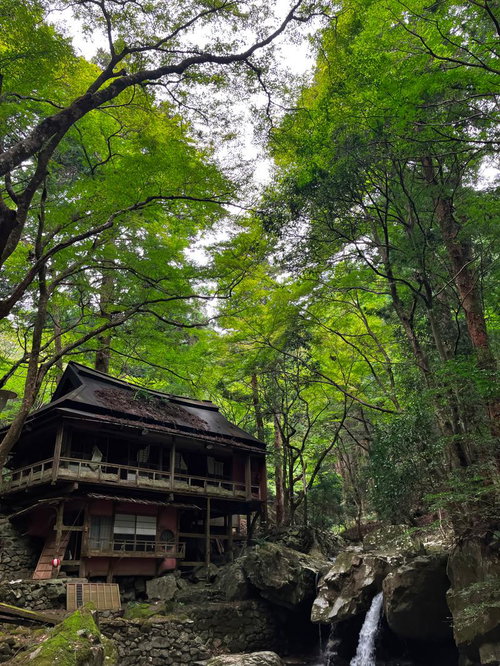 山奥の渓谷に佇む廃墟の休憩所 - 朽ちた木造建築と自然が織りなす歴史遺構