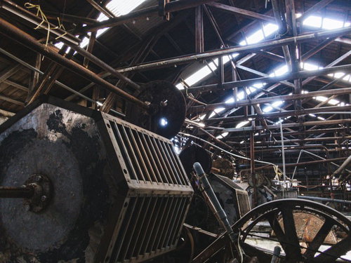 抜け落ちた天井と錆びた大型ギアが残る製紙工場内部