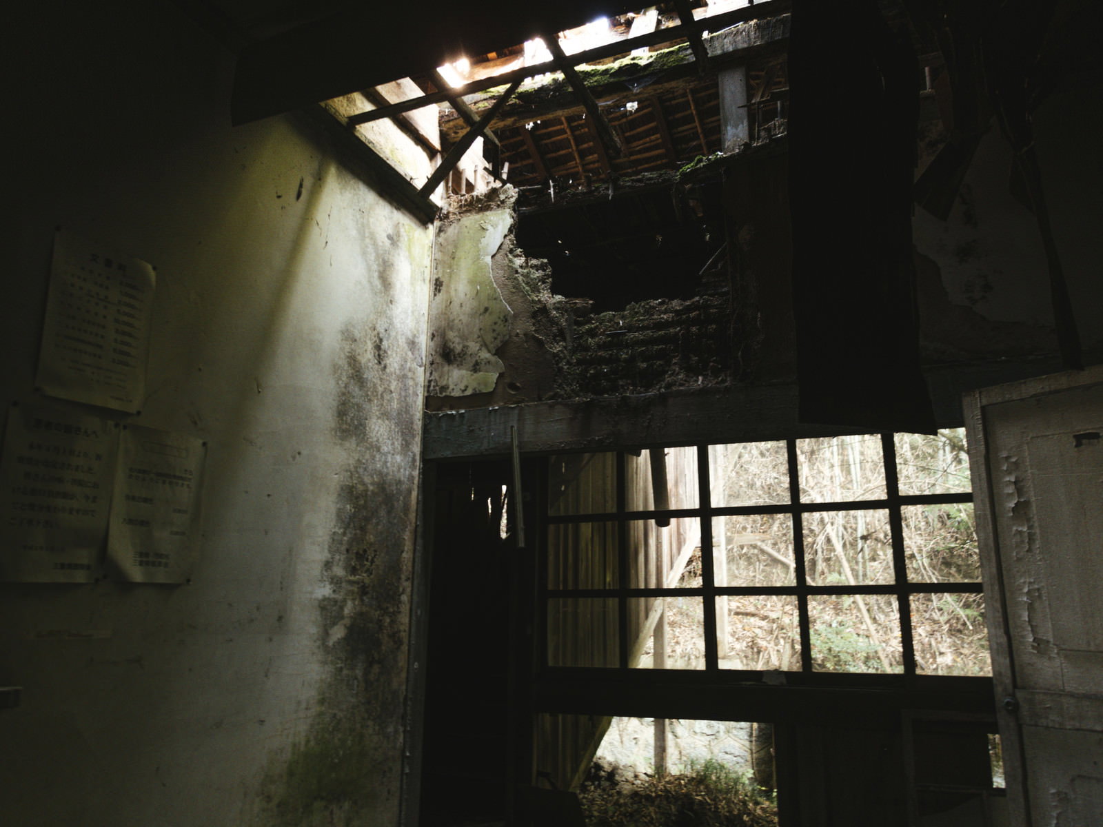 破損した屋根から光が差し込む廃墟の室内を撮影した写真