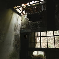 朽ちた屋根から射し込む光の廃病院の室内風景の写真