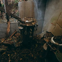 瓦礫と落葉で埋め尽くされた倒壊後の部屋の廃墟の写真