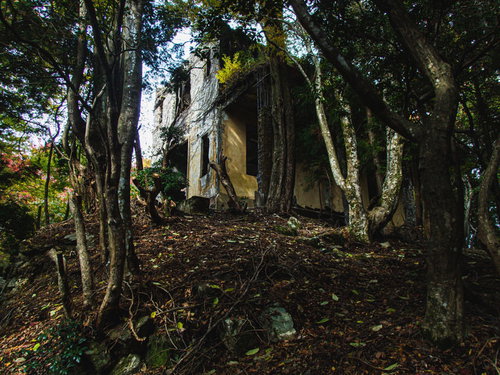 不気味な森に佇むケーブルカー駅舎跡の廃墟