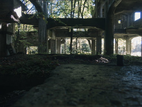 炭鉱遺構の窓枠越しに見える木々と青空、産業遺産と自然の共存