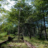 廃線とトロッコの車輪が残る上茶路駅跡の風景の写真