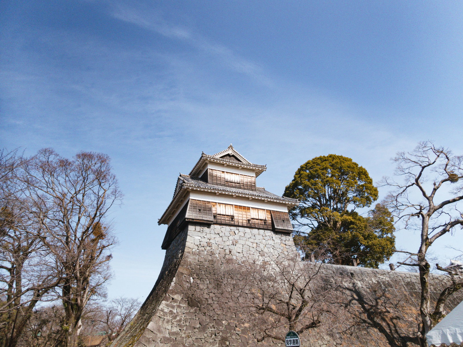 熊本城の石垣と木造櫓を見上げた冬の風景