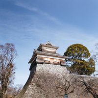 青空の下に佇む熊本城の白い櫓と石垣、歴史的城郭建築の写真