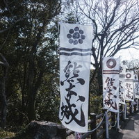 どこまでも続く熊本城の白い幟と城跡の歴史的風景の写真