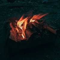 暗がりに灯るキャンプファイヤーの焚き火の炎の写真
