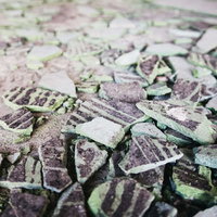 苔むした瓦や陶片の破片が散乱する廃屋跡地の写真