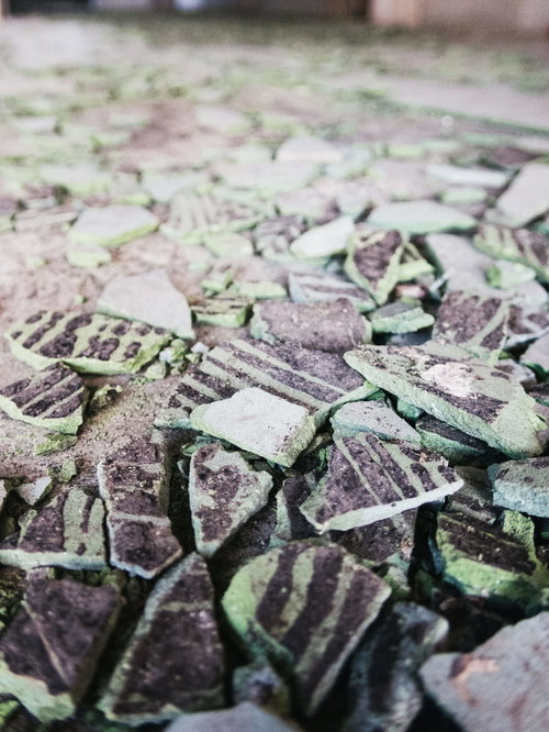 苔むした瓦や陶片の破片が散乱する廃屋跡地