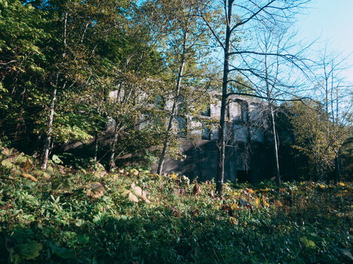 秋の木々に囲まれた廃墟の炭鉱施設と産業遺産