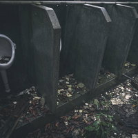 瓦礫と落葉に覆われた廃墟の男子トイレの写真