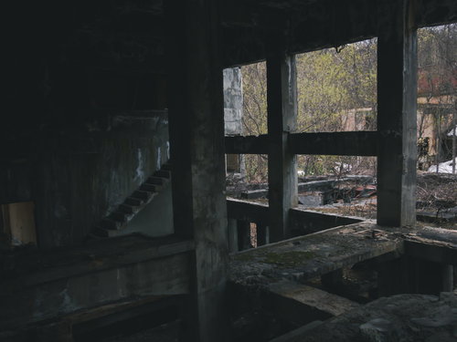 剥き出しの躯体と階段から見える秋の木々と窓枠