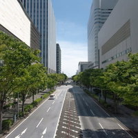 ビルに囲まれどこまでも続く横浜みなとみらいの道路の写真